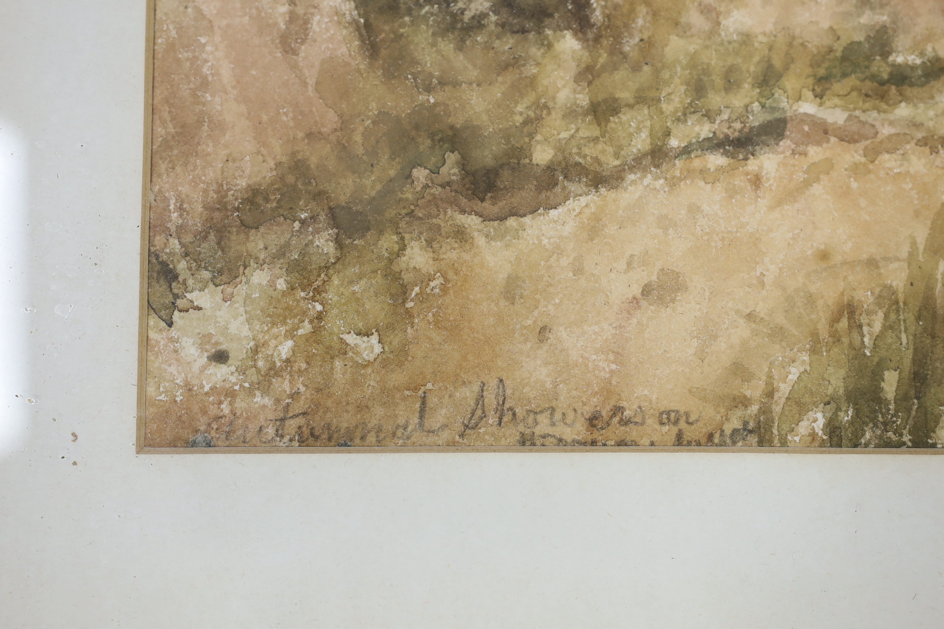 19th century English School, watercolour, Rural landscape with shepherd and flock, indistinctly signed and inscribed, 74 x 54cm